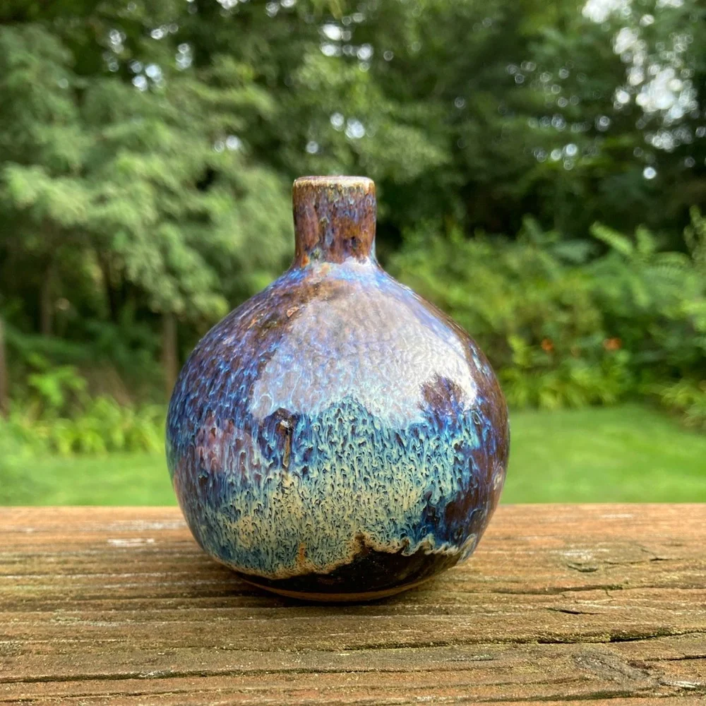 Vintage Brown and Blue Glazed Round Bud Vase - Picture 7 of 13